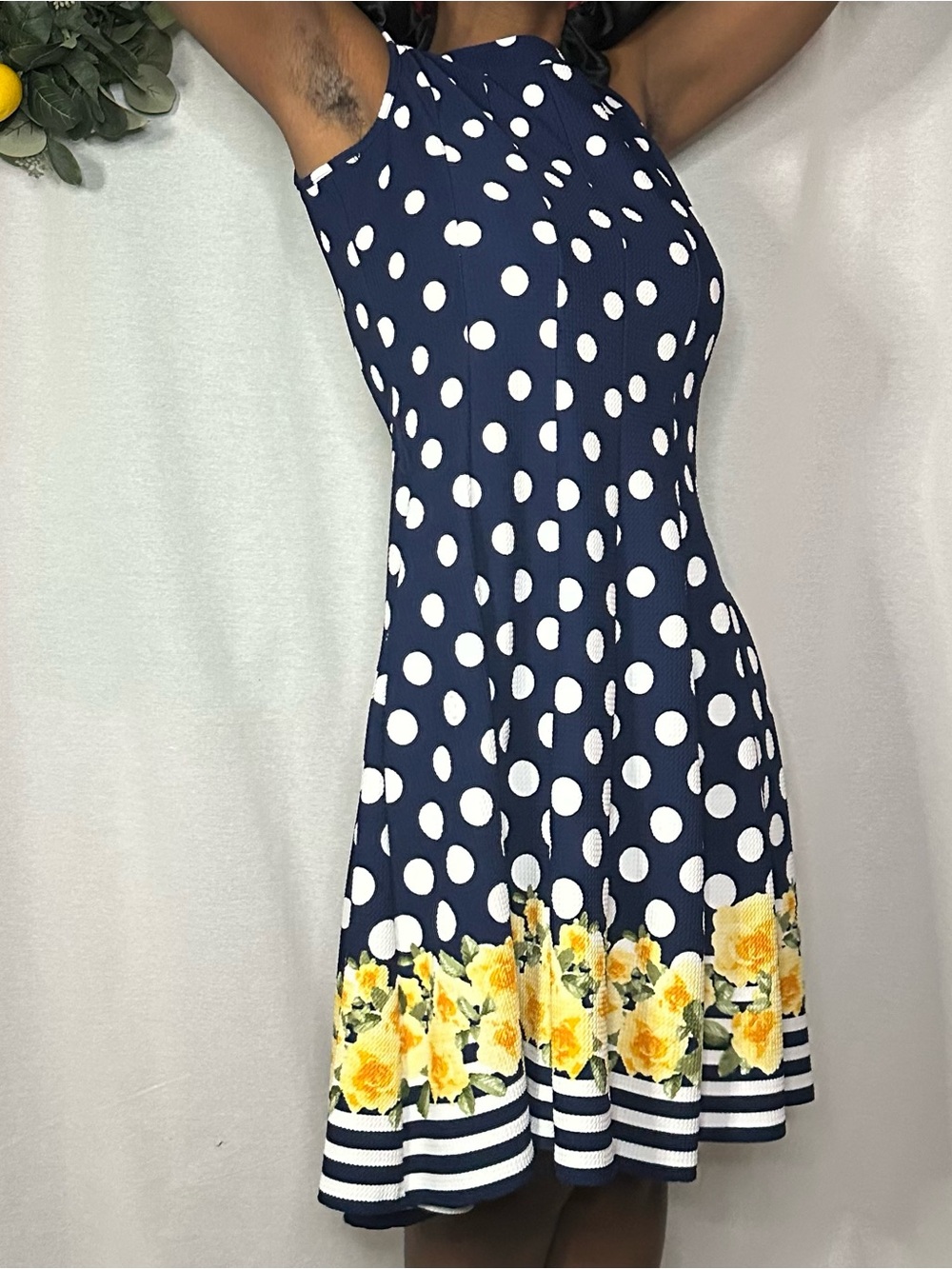 Haani Petite blue polka dot fit and flare dress with floral trim